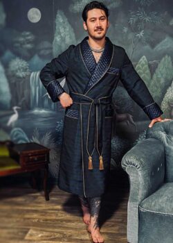 04medallion robe navy blue, Dressing Gowns and Pajamas by Baturina Homewear