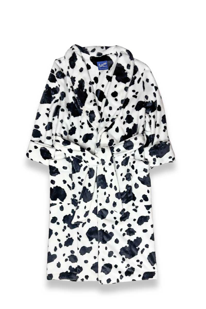 1cow-print-fleece-robe-dressing-gown Men's Dressing Gown Animal Print Fleece Cow Black and White - Image 1
