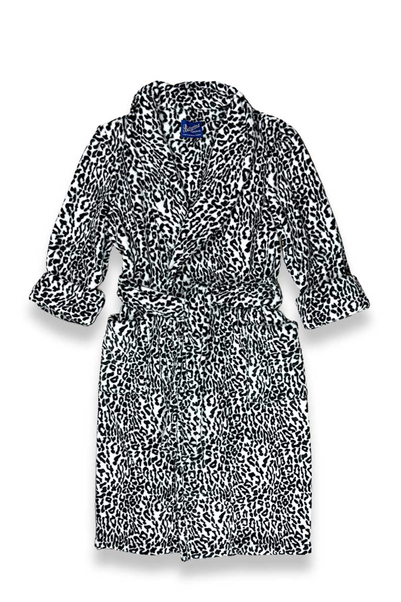 3snow-leopard-dressing-gown-fleece-robe Women's Dressing Gown Snow Leopard Animal Print Fleece Black and White - Image 1