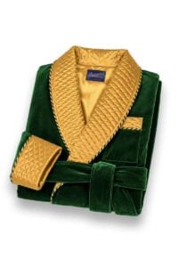 2 green silk cotton velvet robe gold quilted smoking jacket, Dressing Gowns and Pajamas by Baturina Homewear