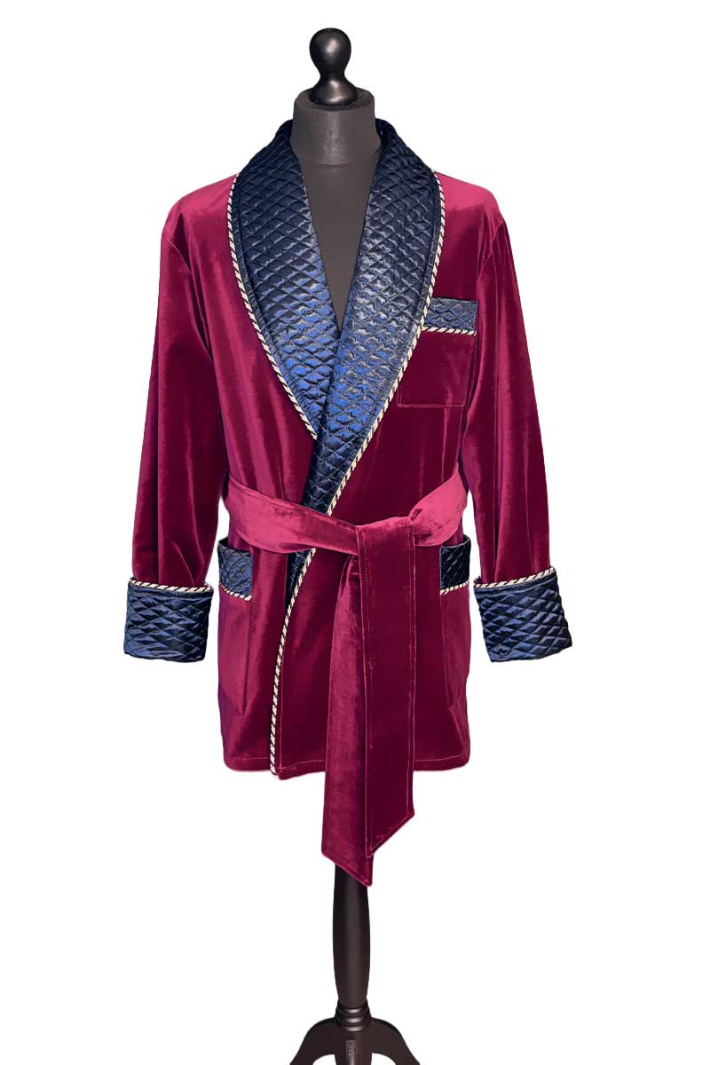 burgundy-navy-satin-smoking-jacket-velvet Men's Smoking Jacket Burgundy Navy Velvet Quilted - Image 1