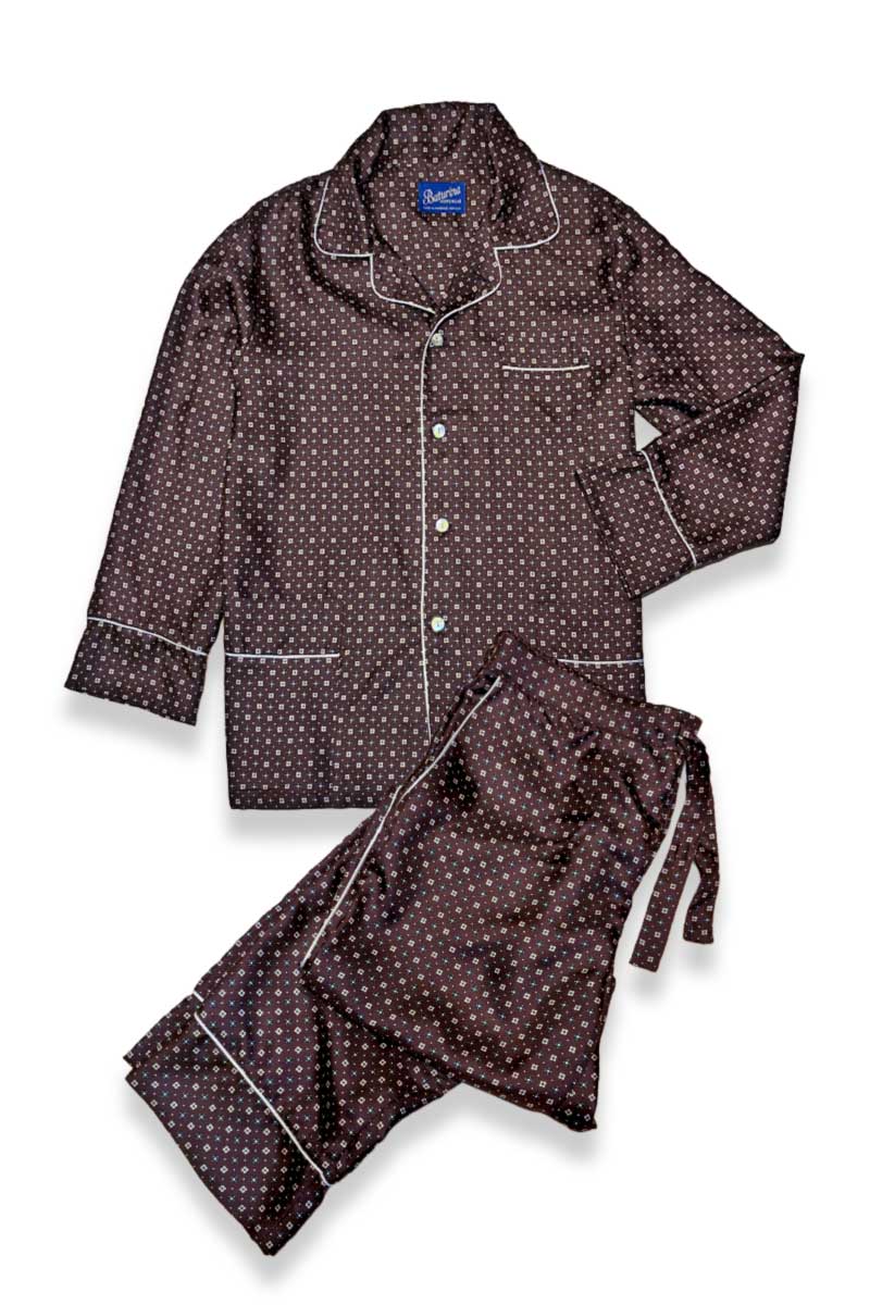 1silk-pajamas-dark-brown-men Men's Pajamas Pure Silk Dark Brown Medallion Twill - Image 1